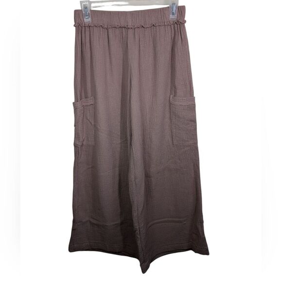Monrow Gauze Wide Leg Cargo in Pecan Cotton Pull On Elastic High Waist Size XS - Picture 2 of 12